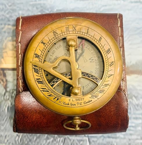 Brújula marítima de bolsillo con reloj de sol náutico de latón con estilo antiguo y estuche de cuero miniatura 5