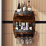 Whiskey Barrel Shelf Wall Mounted, Vintage Wine Rack with Glass Holder, Wooden Handmade Bourbon Shelf, Bar Liquor Bottle Holder, Gift for Wine Lover, Drinks Cabinet Rack for Wine, Whiskey, Beer