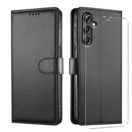 JUNETOP Cover per Samsung Galaxy A17 (5G/4G) / A16 (5G/4G) / A26 5G con Vetro Temperato, Custodia a Libro Portafoglio Flip Case in Pelle PU di Alta Qualità [Protezione Blocco RFID] - Nero