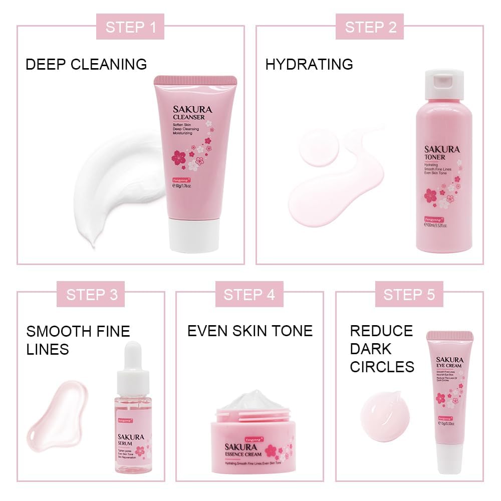 Fengyang® Kit Per La Cura Della Pelle Sakura Da 5 Pezzi Set Per La Cura Della Pelle Sakura Kit Idratante Per La Cura Del Regalo Da Donna Strumento Del Viso Con Estratto Di Fiori Di Ciliegio (5set)