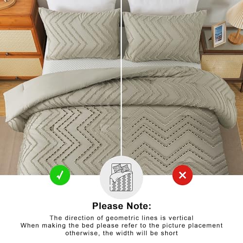 Image of Andency Oatmeal Comforter Set Queen Size, Boho Soft Warm Tufted Bedding Comforter Sets for Queen Size Bed, 3 Pieces Aesthetic Chevron Farmhouse Cute Bohemian Textured Bed Set