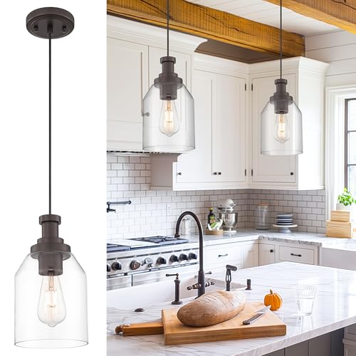 Image of zeyu 1-Light Pendant Light Fixtures for Kitchen Bedroom, Farmhouse Hanging Pendant Light, Clear Glass Shade, Oil Rubbed Bronze Finish, ZG33M1L-L ORB