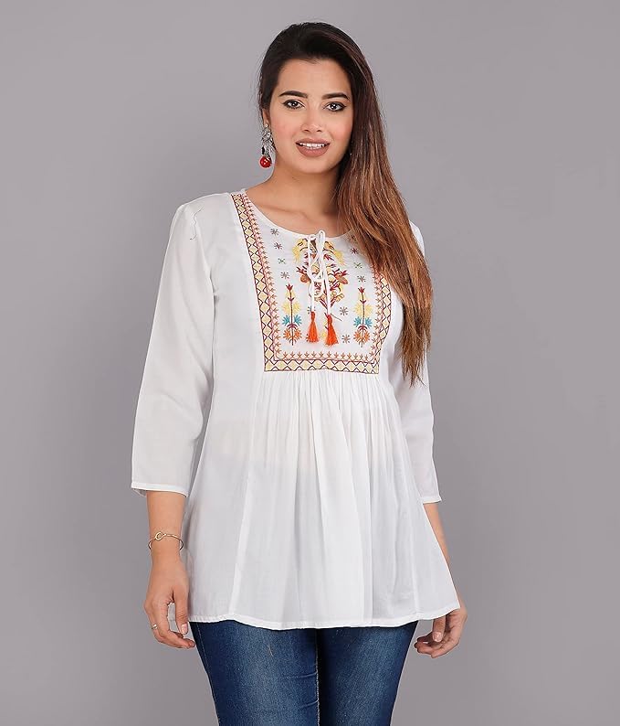 Image of Avayayat Women's Rayon Classic Heavy Embroidery Top with Beautifull Tassels at Front and on Both Sleeves Regular Fit Office Wear Festival Tunic Jeans Summer