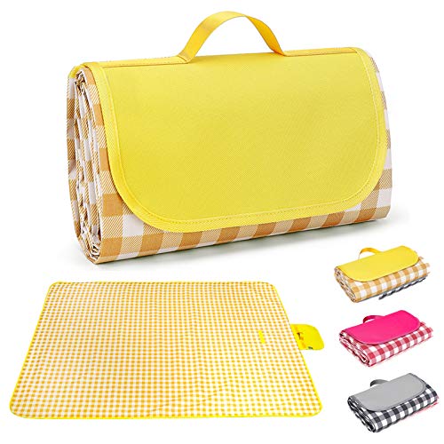 ONCCI 195 x200 cm Picknickdecke Strandmatte wasserdichte XXL Decke Faltbare mit Tragegriff für Picknick, Strand, Camping INS Style (Gelb) Cover