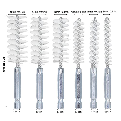Image of 6Pcs Nylon Bore Brush Set, 8, 10, 12, 15, 17 19 mm Nylon Bore Cleaning Brushes, White 1 /4 Hex Shank Drill Brush for Machining Sanding Cleaning Removal Impact Driver