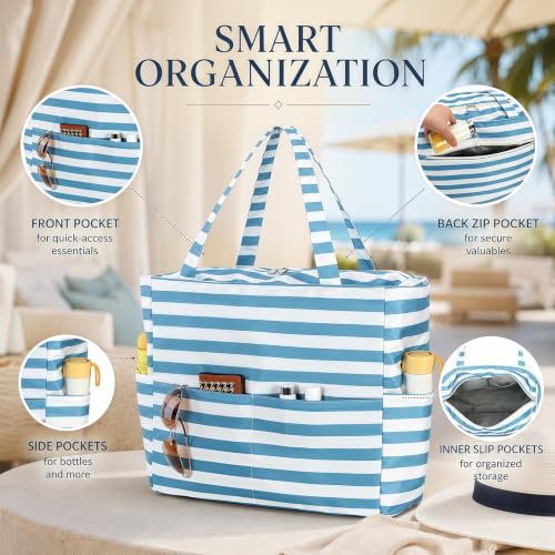 Image of LEDAOU Large Beach Bag Women Waterproof Sandproof Zipper Beach Tote Pool Bag for Swim Gym Grocery Travel with Wet Pocket