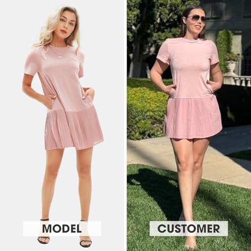 Image of EXLURA Womens Summer Casual Short Sleeve Dress Crewneck Tshirt Dresses Pleated Aline Mini Dress 2025 Vacation Beach Sundress