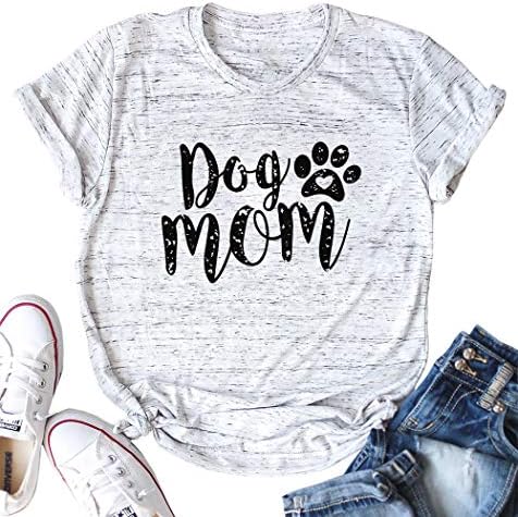 Dog Mom Tshirts for Women Funny Dog Paw Graphic Print Short Sleeve O Neck Mom Shirt (As Shown-Dog Mom, XL)