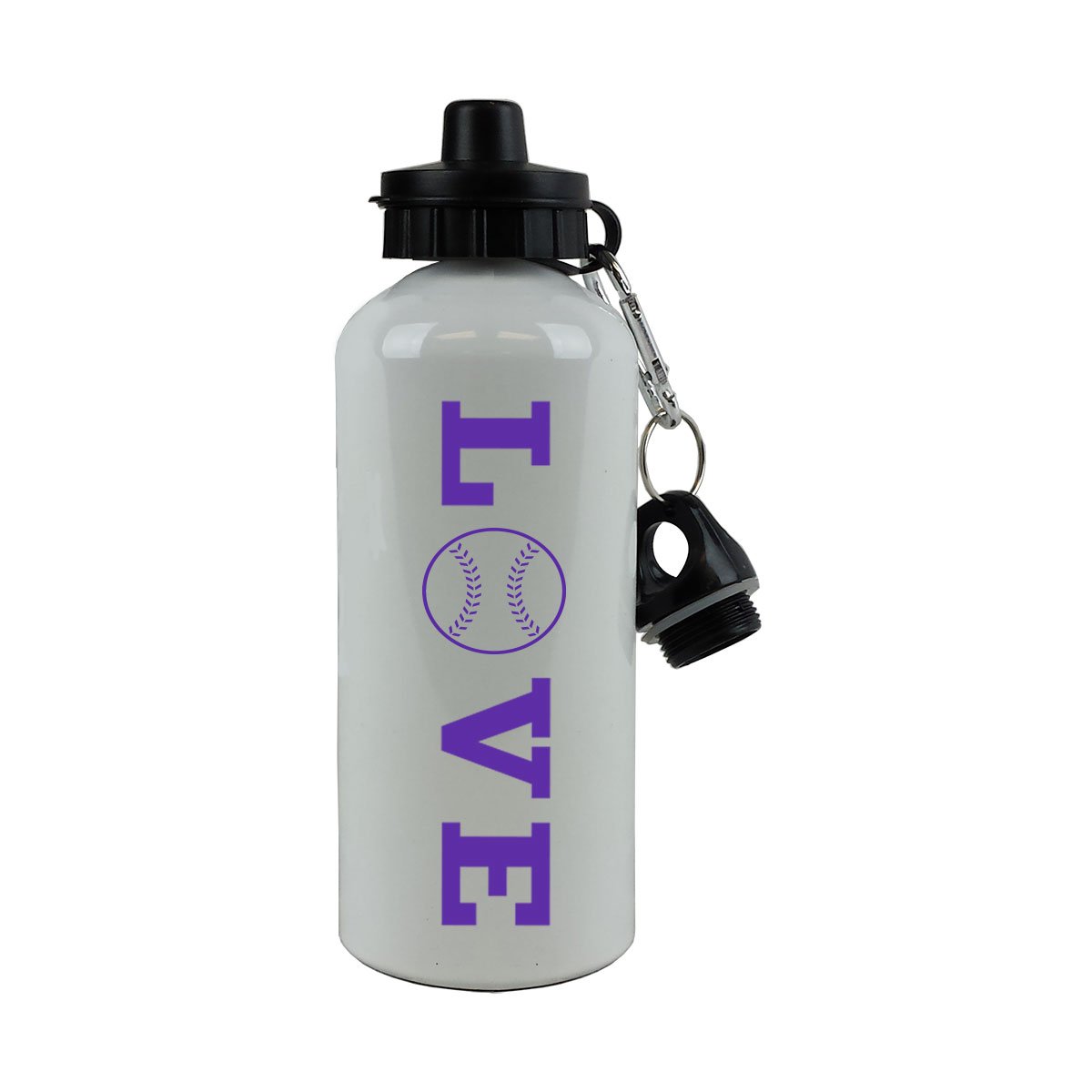 Love Baseball/Softball Sports Team Aluminium weiß Finish 20 Unze 600 ml Sport Wasser Flasche mit Karabiner, violett