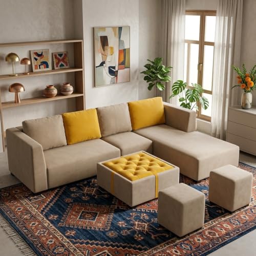 Image of FURNY Olympus 8 Seater RHS L Shape Sofa Set | Plush Velvet Suede Fabric | Modern Design | Soft Comfort Dual Color Cushions for Living Room, Office & Hotels (Beige-Yellow)