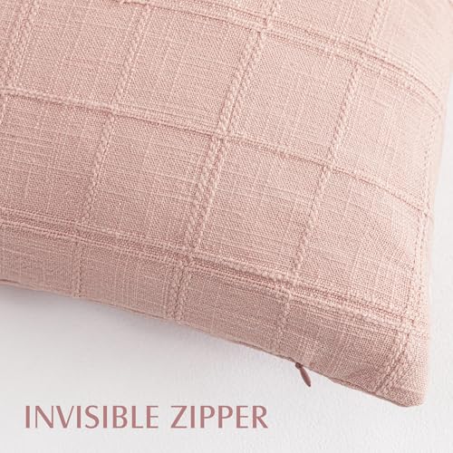 Image of Foindtower Set of 1 Decorative Linen Check Throw Pillow Cover Neutral Farmhouse Lumbar Cushion Cover Modern Coastal Boho Accent Home Decor for Sofa Chair Couch Bed Living Room,12x20 Inch,Light Pink