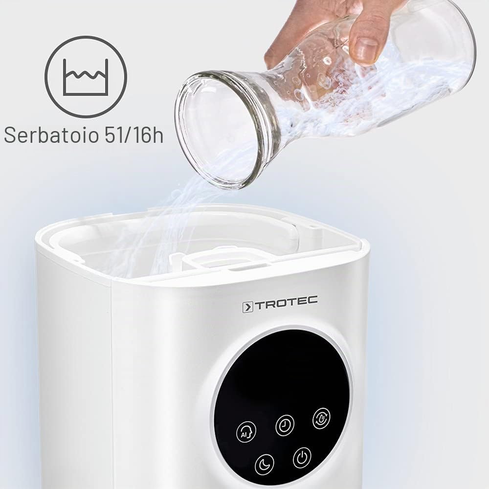 TROTEC Umidificatore ad ultrasuoni B 7 E 3 in 1 umidificatore con diffusore di aromi e filtro dell'aria in carbonio umidificatore, funzionamento automatico modalità notte umidificazione manuale