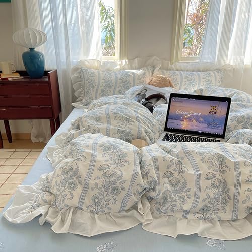 GETIYA Elegant Blau Blumen Bettwäsche 135x200 Baumwolle Bettwäsche...