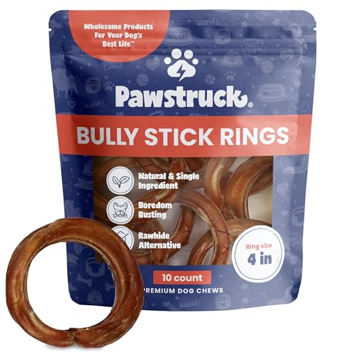 Pawstruck All-Natural 4 Bully Stick Rings for Dogs - Rawhide-Free 100% Beef Single Ingredient Dental Chew Bones - Fully Digestible Low Odor - 10 Count - Packaging May Vary