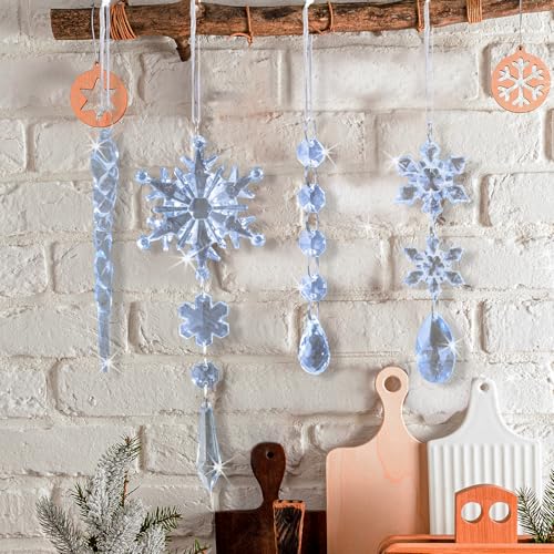 Image of GuassLee 36pcs Crystal Christmas Tree Ornaments - Blue Acrylic Snowflake Icicle Drop Crystal Hanging Ornaments for Christmas Tree Wonderland Frozen Themed Birthday Party Decor