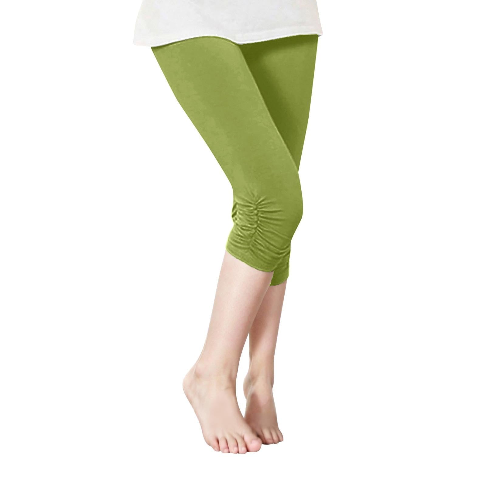 Girls 3/4 Leggings Teens Casual Stretchy Yoga Pants Trendy High Elastic Waist Solid Color (Green, 12-13 Years)