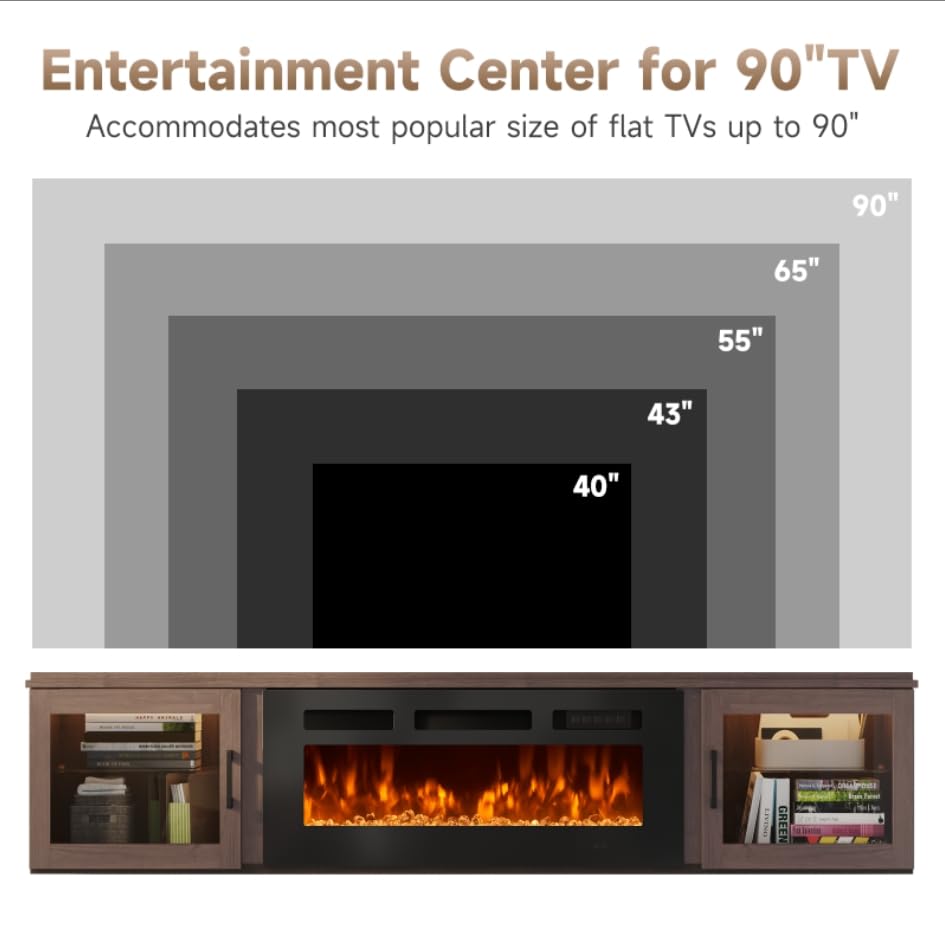 Image of 80 inch Floating TV Stand with Fireplace WI-FI Enabled, High Gloss Finish Wall Mounted Fireplace Entertainment Center with Storage for TVs Up to 90 inch, Brown