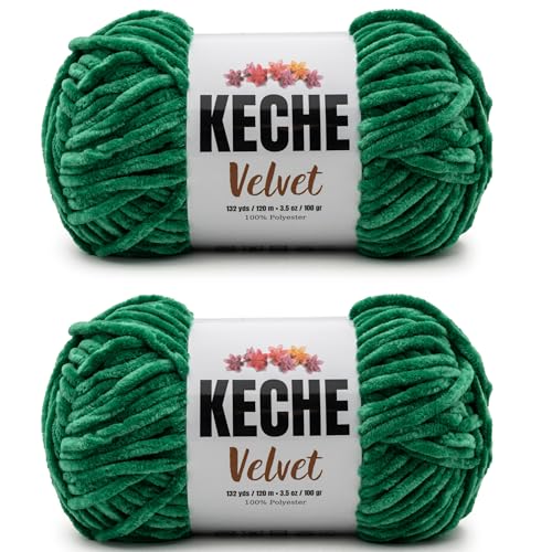 Image of Keche Velvet Yarn for Crocheting, Soft Chenille Bulky Baby Blanket Amigurumi Yarn 2x100 gr (2x132 yds) (2 Skeins) Benetton Green