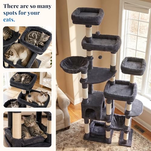 Image of Hey-brother Cat Tree Tower, Wide Base, 5 Platforms for Multi-Cats, MPJ074G | 72.8 Inches Tall Furniture, 5 Plush Beds, Large Condo, Big Hammocks, Sisal Scratching Posts, for Indoor Adult Cat, Smoky Gray