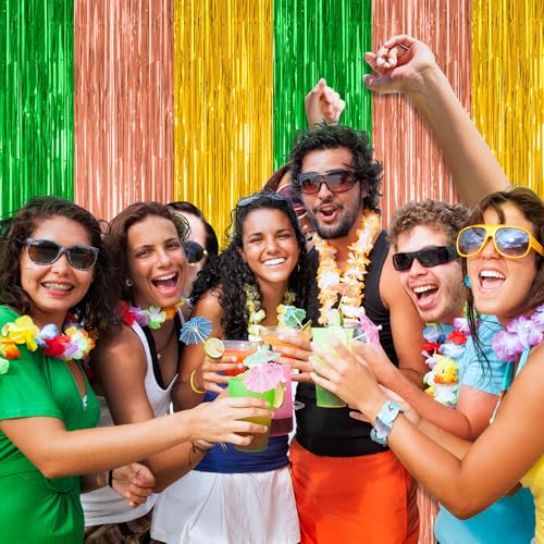 Image of ZATAYE 2 Pack Green Brown Yellow Hawaiian Luau Foil Curtain Decorations | Green Brown Yellow, Metallic Foil, 3.28 x 7.05 FT, Tinsel Backdrop, Foil Curtain Streamer, Luau Party