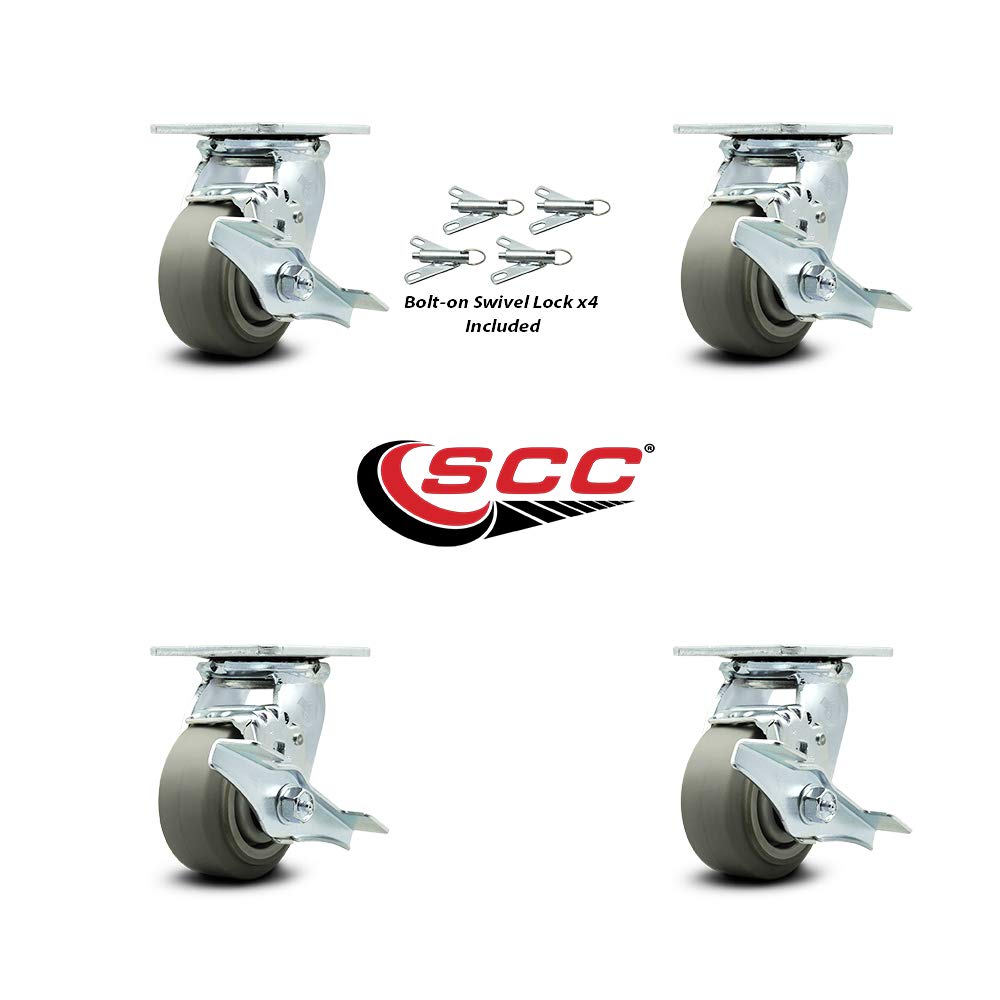 Thermoplastic Rubber Flat Tread Swivel Top Plate Casters Set of 4 Heavy Duty with 4 Inch Wheels- Includes 4 Swivel with Top Lock Brakes and Swivel Locks–1,200 lbs. Total Capacity- Service Caster Brand