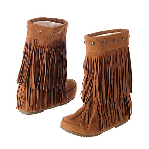 Inornever Suede Fringe Moccasin Boots Mid Calf Women's Round Toe Flat Heel Ladies Winter Fashion Snow Booties Yellow 9 B (M) US