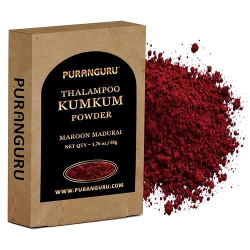 PuranGuru Thalampoo Kumkum Powder | 50g/1.76 oz | Maroon Color | Hyacinth Flower Powder for Puja Makeup | Meenakshi Madurai Thazhampoo Kumkuma | Bridal Suhag Tikka | Bindi Tilak Ceremonial Mark Tilak
