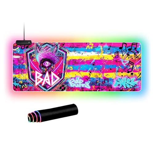 Cyberpunk Neon Rabbit RGB Gaming Mouse Pad – 31.5"x11.8" Large LED Desk Mat with Urban Street Art Design Third Eye, Shield & Straw Hat Motif for PC & Laptop Setup