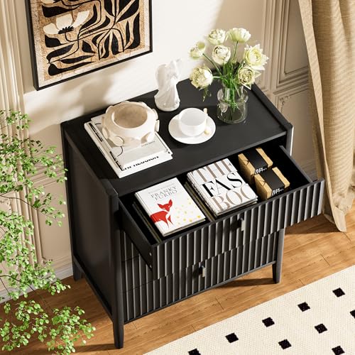 Image of Furniway Black 4 Drawer Dresser, 31.5 inch Wide Modern Chest of Drawers with Fluted Front and Metal Handles, Storage Dresser for Bedroom, Living Room, or Entryway