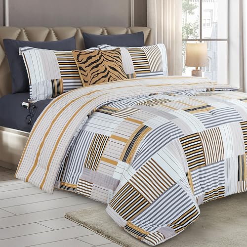 Image of Elegant Comfort 8-Piece Animal Print Patch Reversible Comforter Set - All Season Bed in a Bag, 4-Piece Sheet Set Featuring Smart Pockets, Matching Shams and Decorative Pillow, Twin /Twin XL, Gold