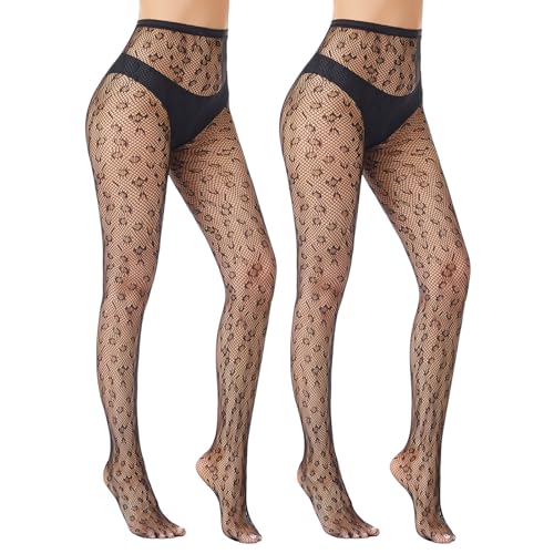 Fishnet Stockings for Women Sexy Black Lace Patterned Pantyhose Halloween Mesh Goth Tights 2 Pairs