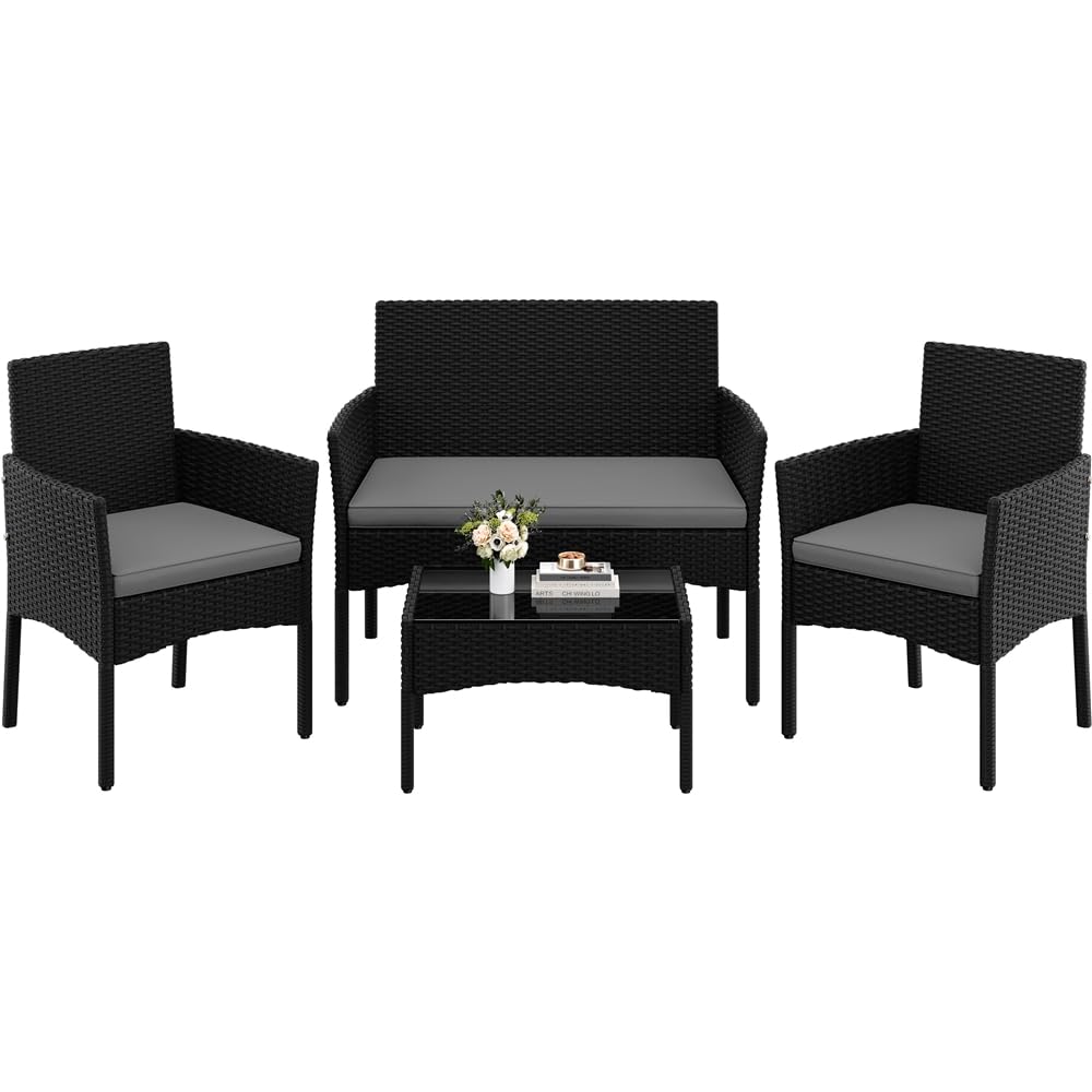 Yaheetech Set di Mobili da Giardino da Balcone 4 Pezzi in Polyrattan con Divano a 2 Posti 2 Poltrone 1 Tavolo per Esterni Patio Giardino Nero/Grigio Chiaro