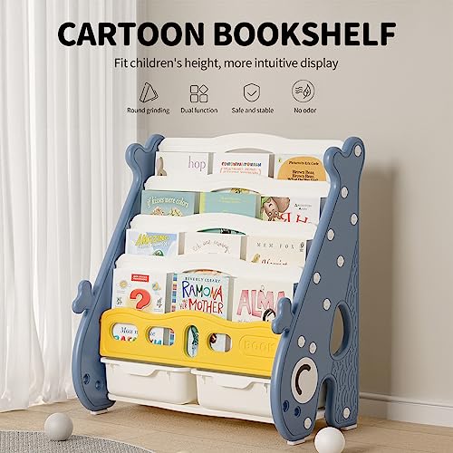 Unicoo – Kids 5 Tier Bookshelf With 2 Toy Bins, Children Bookshelf & Toy Organizer Baby Whale Bookshelf (Blue) #TOP1