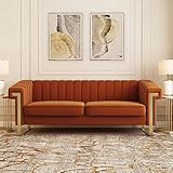 Burnt Orange Velvet Couch Sofa, 84 Wide Mid-Century Modern Love Seat Tufted Chesterfield Velvet Sofa...