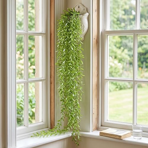 Image of Dekorly 75CM Artificial RainFlow Ivy Hanging Vines (Pack of 4) | Lush Green Cascading Creeper for Home & Balcony Decor (4, Rainflow lvy Vines)