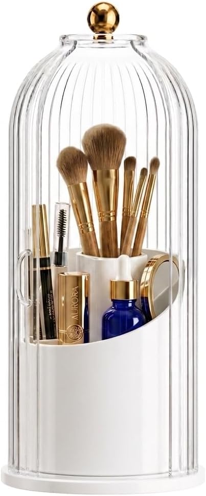 Rotating Makeup Brush Holder with Lid, Clear Vanity Organizer | 360° spinning dustproof cosmetic organizer with fluted glass look & gold knob; 3 slots for brushes, lipstick & skincare