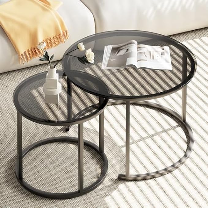 aboxoo Nesting Coffee Table Grey Glass Table Set of 2, Small Round Glass Nesting Tables for Living Room Bedroom, Accent Tea Table with Metal Frame Modern Industrial Simple