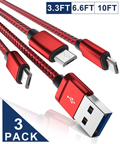 Micro USB Charger Cable 3-Pack (3.3/6.6/10FT),Nylon Braided Charging Power Cord for Samsung Galaxy