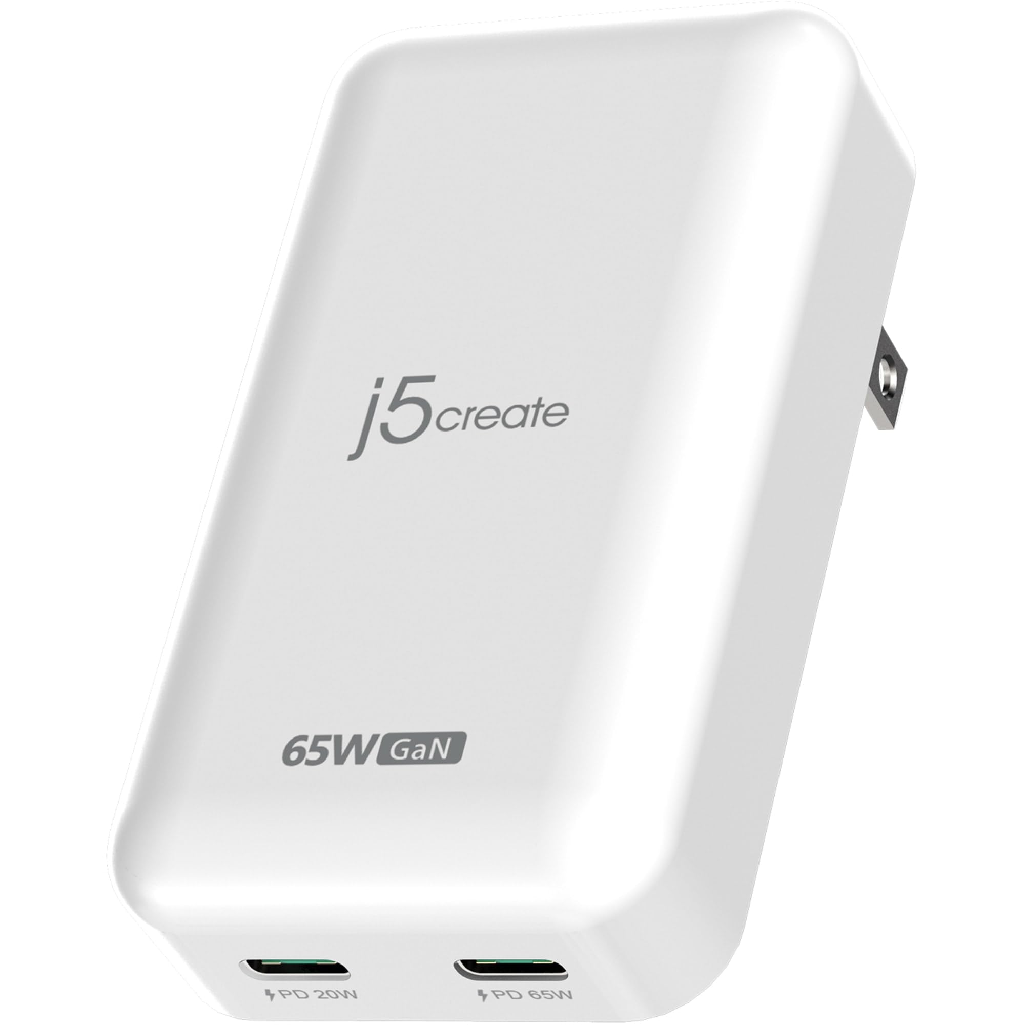 j5create 65W GaN Slim PD USB-C 2-Port Charger, White, JUP2465