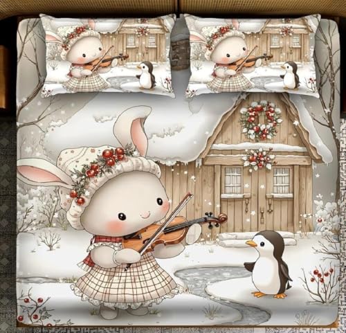 Image of Digital Printed Heavy Quality Glace Cotton 7D Bedsheet for Double Bed, 90 inch x 100 inch Flat Bedsheet with 2 Matching Pillow Covers, 300 TC (Snow House)