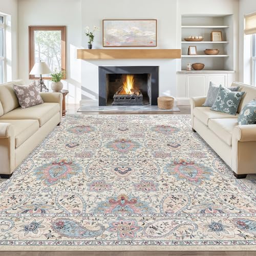 Tortania Area Rug Living Room Rugs - 8x10 Washable Boho Rug Vintage Oriental Distressed Farmhouse Large Thin Indoor Carpet for Living Room Bedroom Under Dining Table Home Office - Pink Blue