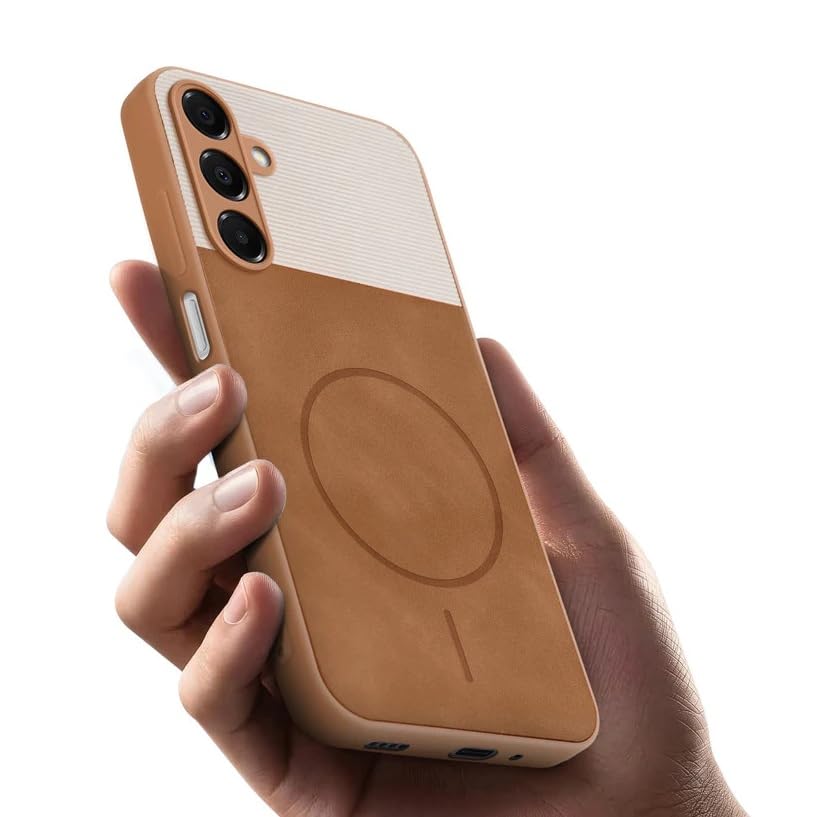 Image of Bintage CASE Mac Safe Design Hard Light Weight Back Case | Soft Border Camera Protect | Dual PU Leather Finish Back Cover Compatible for Samsung Galaxy F15 5G - White & Brown