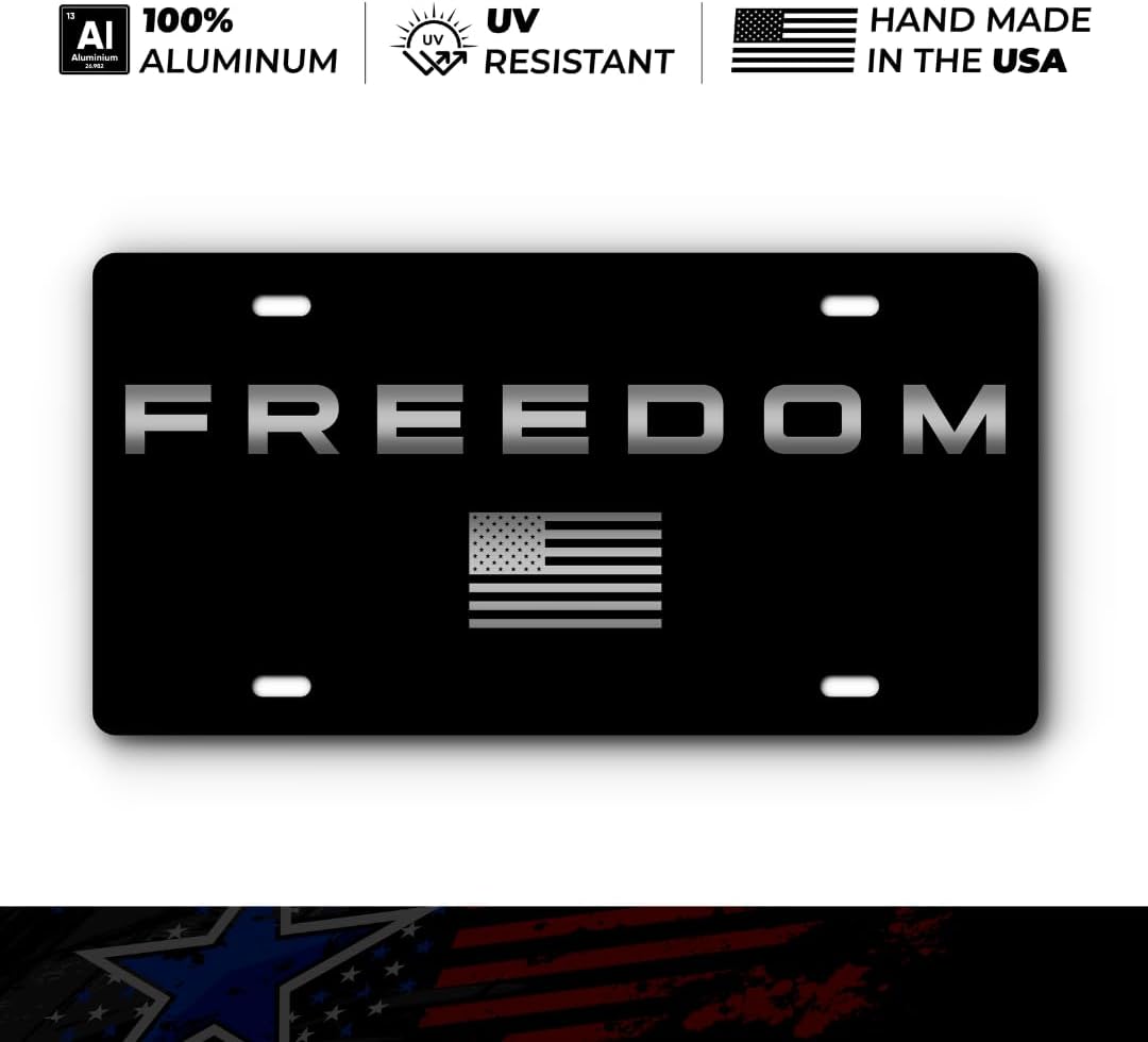 Freedom Patriotic Vanity Aluminum Plate for Trucks and Cars - Made in The USA - Universal Fit (Black & Stainless)