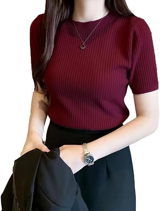 Knite Wolf Slim Fit Plain Stretchable Round Neck Rib Knit Short Sleeve Regular Top for Women | T Shirt | Tee (Maroon, M)