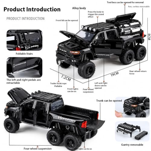Image of 1:32 Dodge Tyrannosaurus Rex RAM 1500 TRX 6x6 Die-Cast Model Car - Alloy Pullback Toy Truck with Lights, Sounds, Openable Doors & Suspension - Collectible Toy for Kids & Car [Random Color]