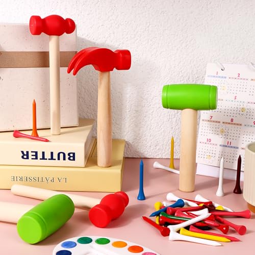 Image of 12Pcs Hammer Toys with 100Pcs Small Wooden Hammer Simulation Fake Hammer Maintenance Tools,Toy Hammer Plastic Toddler Claw Hammer Portable Toys Pretend Play Fake Mallet Hammer for Boys Girls