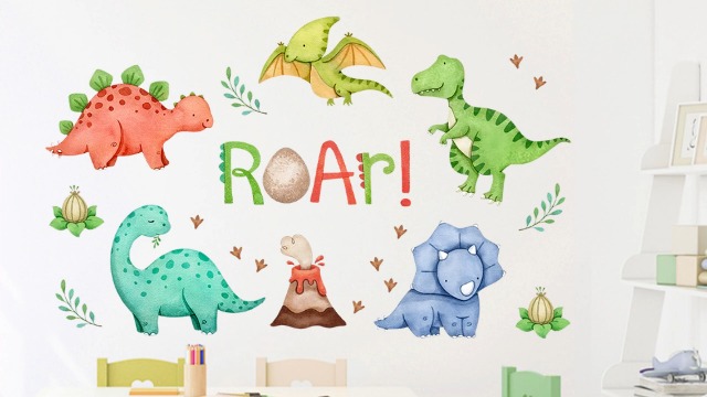 Watercolor Dinosaur Wall Decals For Kids Room - Peel & Stick Nursery Decor With Trees, Sun, Clouds - View #2