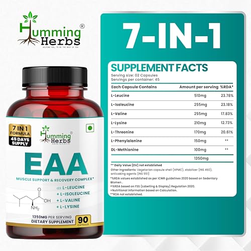 Image of Humming Herbs EAA with Leucine, Isoleucine, Valine, Lysine, Methionine & More | 1350mg | 90 Capsules | 7-in-1 Formula | 45 Days Supply