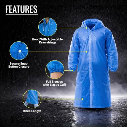 Image of Robustt EVA Reusable Raincoat with Hood (Dark Blue) - Pack of 10 | Elasticated Full Sleeves Outdoor Waterproof Raincoat for Men & Women | Rainwear | Button Closure | Knee Length | Universal Fit