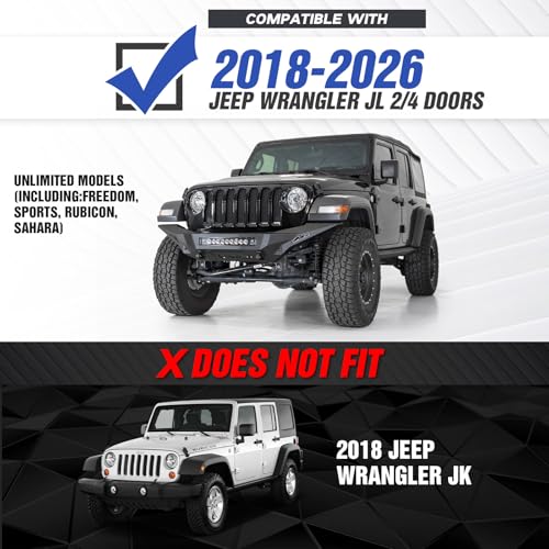 Image of for Wrangler JL JLU Front Bumper Compatible with 2018 2019 2020 2021 2022 2023 2024 2025 2026 Jeep Wrangler JL JLU Off-Road Steel Bumper with Winch Plate, 4 x 18W LED Lights & D-rings, Black